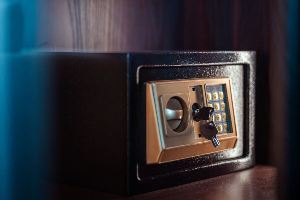 Home security safe with electronic keypad ready for anchoring